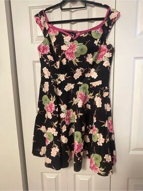 Hell Bunny Black Floral Dress with Pink Trim